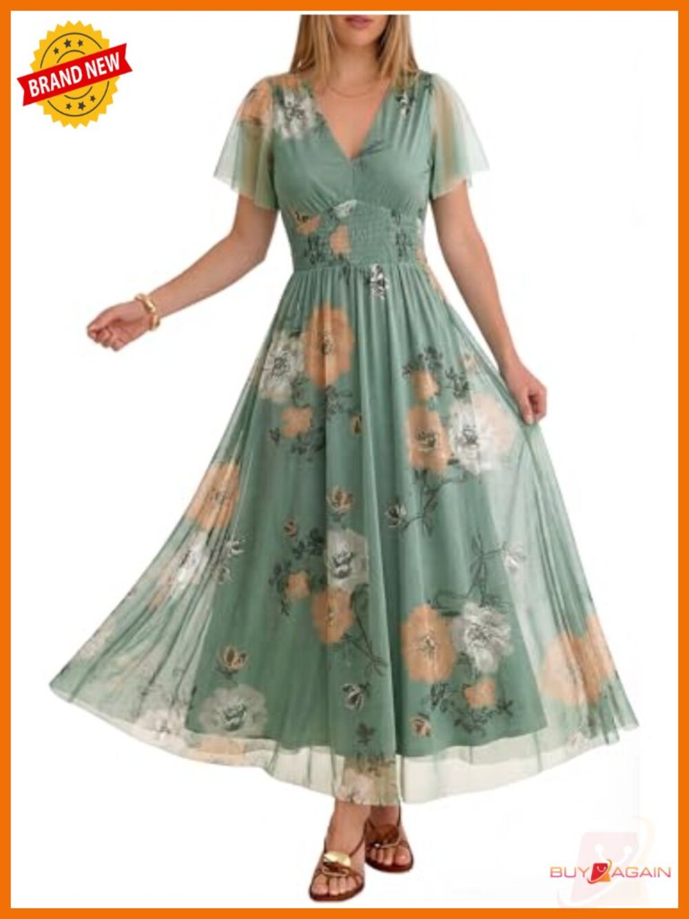 Floral Tulle Maxi Dress Short Sleeve V-Neck Summer Wedding Guest